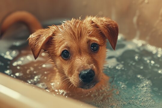 A small brown dog sitting in a tub of water. Perfect for pet care or grooming advertisements