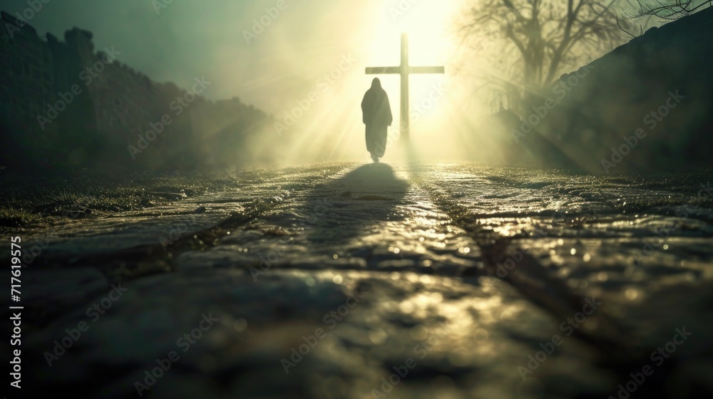 Poster a person is seen walking towards a cross on a road. this image can be used to represent a journey, s