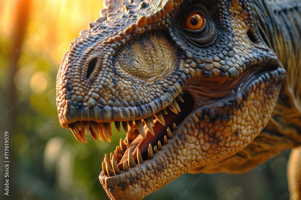 Poster a detailed close-up image of a dinosaur with its mouth wide open. this picture can be used to depict