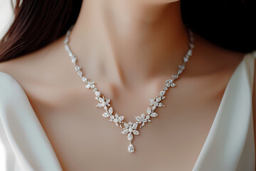 Elegant woman adorned in diamond showcasing beauty and glamour with a pearl necklace, emphasizing fashion, jewelry, and luxury - obrazy, fototapety, plakaty