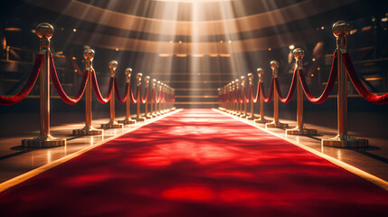 Red carpet staircase with smoke and spotlights, holiday awards ceremony event