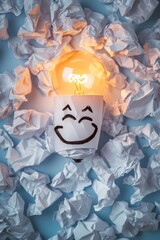 A light bulb with a smiley face drawn on it. Perfect for adding a touch of cheer and positivity to any project