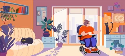 An overweight disabled woman in a chair strokes a cat in a cozy room. Inclusion concept. Social adaptation. Vector illustration.