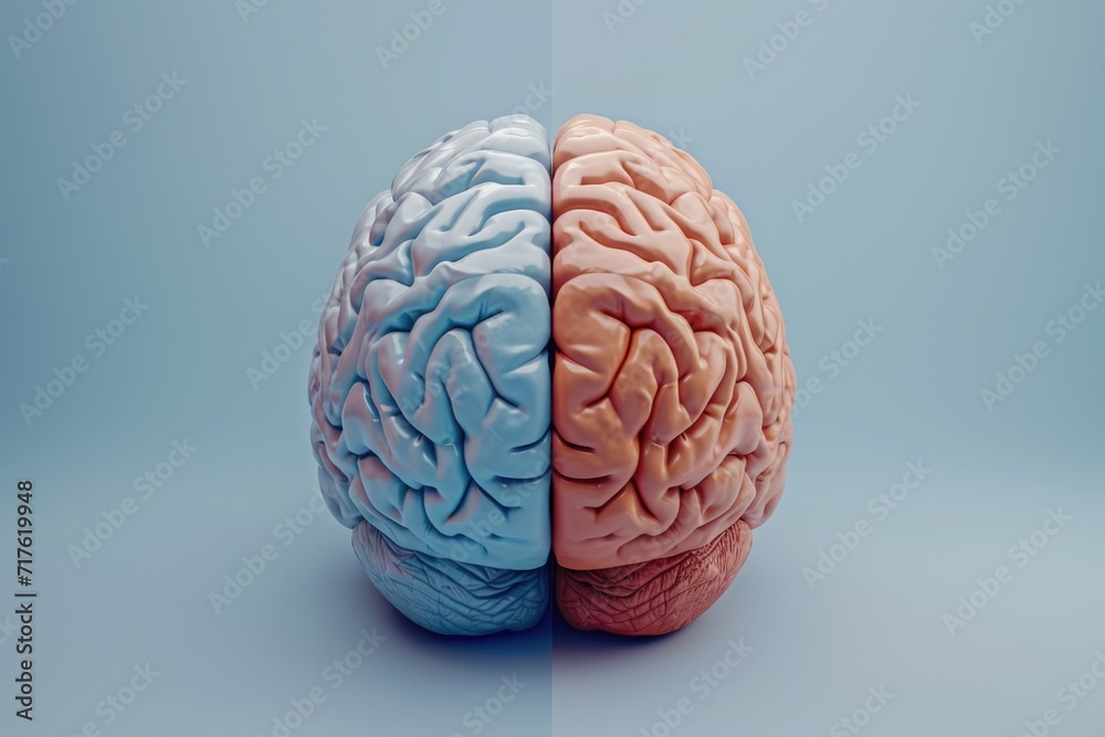 Poster A close-up image showcasing the two halves of a brain. This picture can be used to represent neuroscience, psychology, or the concept of left and right brain thinking.
