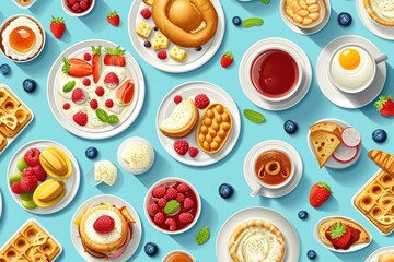 A variety of breakfast foods displayed on a blue background. Perfect for food blogs, recipe websites, and restaurant menus - obrazy, fototapety, plakaty