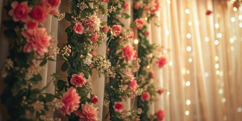 A beautiful bunch of pink flowers hanging from a wall. Perfect for adding a touch of color to any space
