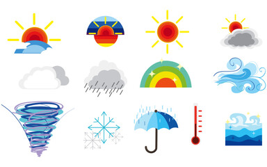 Numerous symbols for the weather, including sunny, windy, rainy, snowy, and stormy.