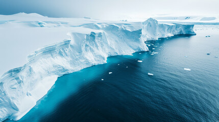 Aerial Wide view of the edge of the ice floe with the bluish zone just under the surface into a dark blue ocean with a hazy sky