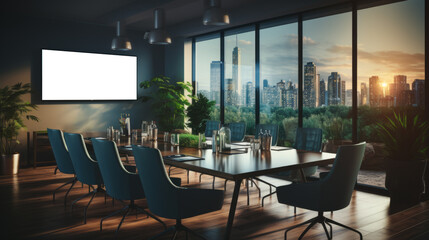 Empty meeting room with a wide screen on the wall and a sunrise light with lots of skyscrapers and a terrace behind a blurry wall windows