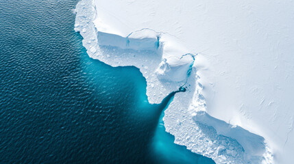 Drone view of the edge of the ice floe where an iceberg start to drift with the bluish zone just under the surface into a blue quiet ocean