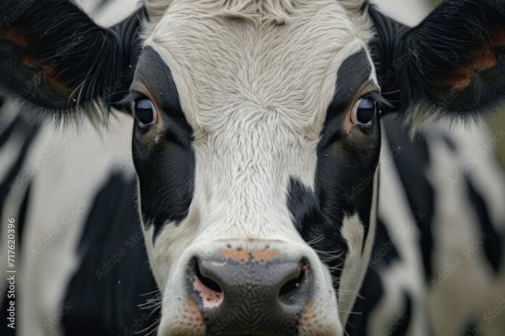 Poster close-up view of a cow's face in black and white. suitable for various uses