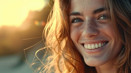 A close up shot of a woman with freckles on her face. Suitable for beauty and skincare concepts