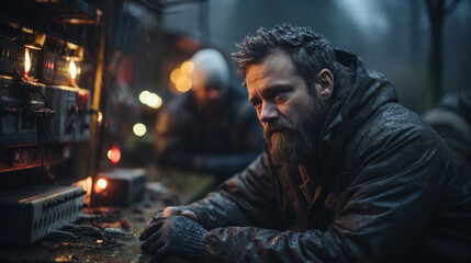 Obraz premium Tired and worried unshaven man dressed with winter clothes crouching outside under snow rain in front of a board with electrical devices