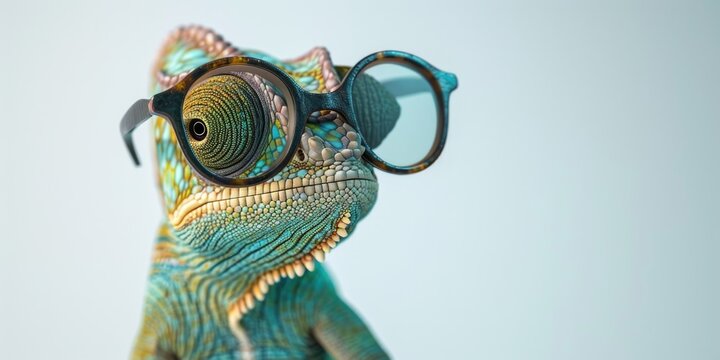 Close up photo of a lizard wearing glasses. Perfect for educational materials or quirky designs