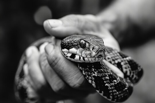 A black and white photo of a snake in someone's hand. Great for educational materials or articles about reptiles