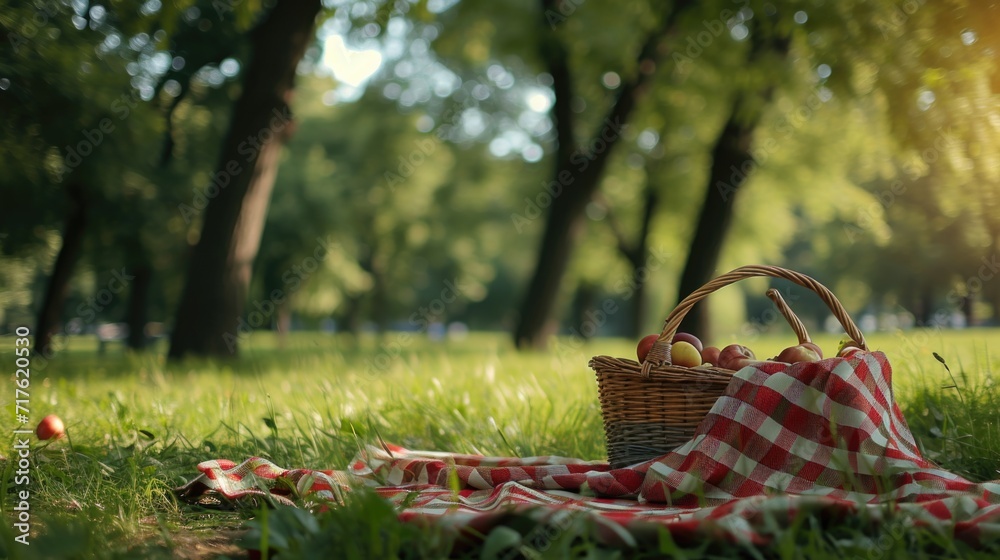 Poster a basket of apples sitting on top of a checkered blanket. perfect for autumn picnics or food-related