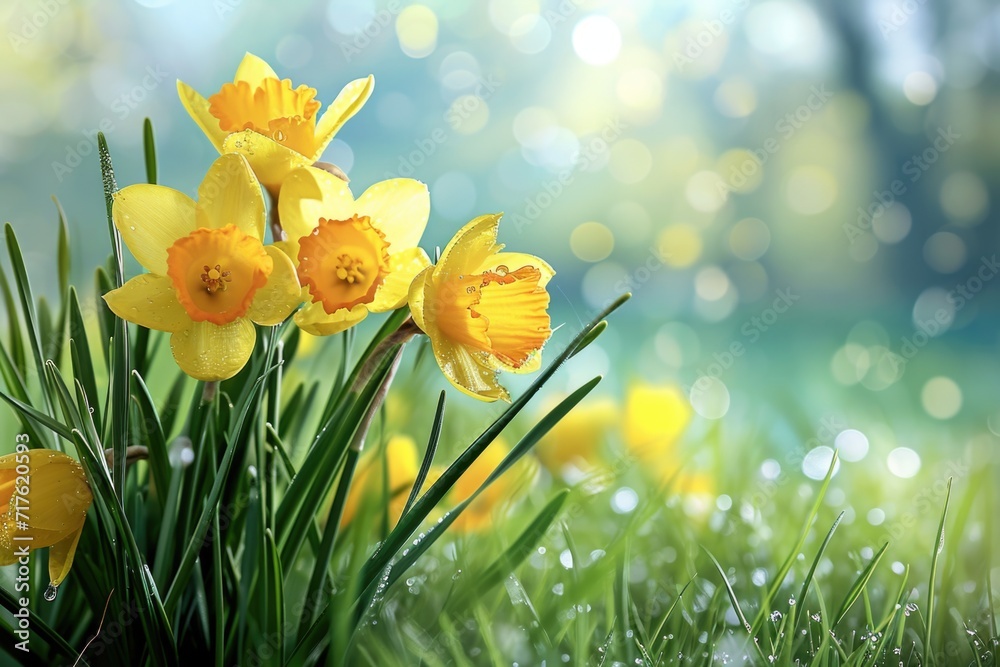 Poster A bunch of yellow flowers sitting on top of a lush green field. Perfect for adding a touch of color and freshness to any design project