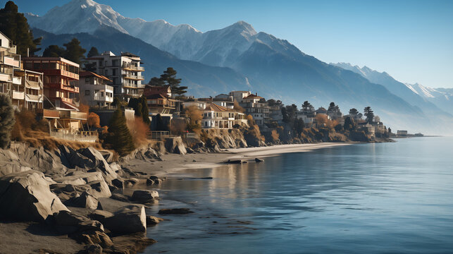 Landscape of A small turkish fishing town in the mountains, beach line and surface of a sea.
