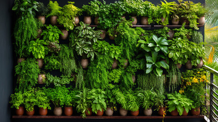 Green wall with herbs on the balcony growing herbs