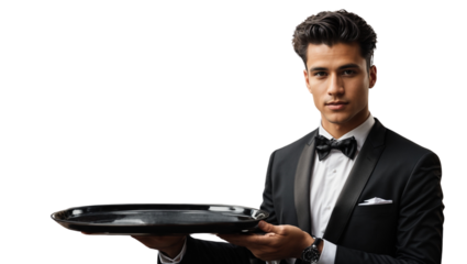 Handsome young waiter in tuxedo and gloves holding empty tray transparent isolated background