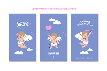 Set of hand drawn social media templates with cute cupids with different poses and facial emotions for Valentine's Day promotion in a set for banner, feed, background, card, and ads