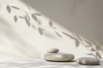 Minimalistic beige background with pebbles and foliage shadows on concrete wall. Modern mockup...