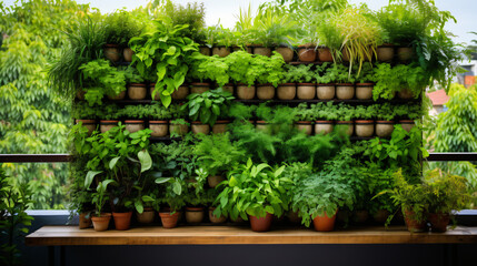 Fototapeta na wymiar Green wall with herbs on the balcony growing herbs