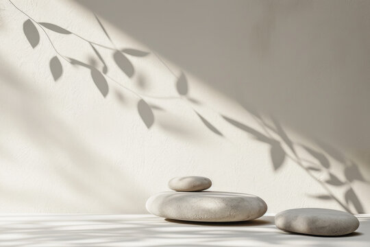 Minimalistic beige background with pebbles and foliage shadows on concrete wall. Modern mockup backdrop in neutral colors.