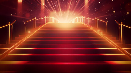 Fototapeta na wymiar Red carpet staircase with smoke and spotlights, holiday awards ceremony event