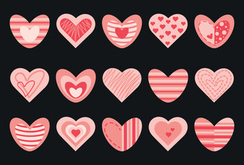 Set of hearts, different shapes, icons, signs on a black background. Vector illustration for Valentine's Day, wedding, friendship.