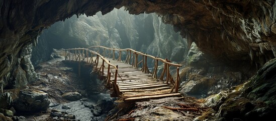 Pseudo HDR enhances wooden bridge's exit in massive cave over filthy ground.