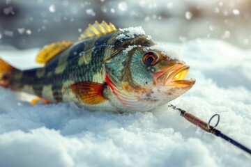 A fish lying on the snow, suitable for winter-themed designs