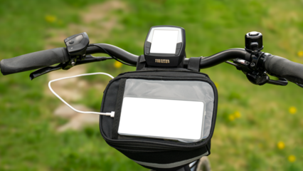 E bike handlebars with display and handlebar bag against a green blurred background. A cable comes out of the handlebar bag and leads to the smartphone. Copy space for display and cell phone.