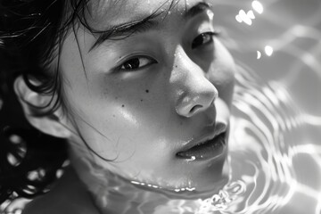 A black and white photo of a woman immersed in water. Suitable for various applications