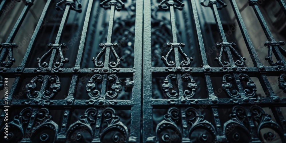 Poster a close up shot of a metal gate with a building in the background. perfect for architectural or urba