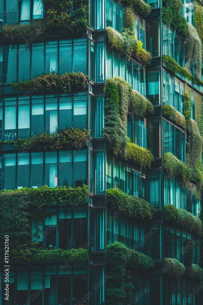Poster a tall building adorned with lush green plants, perfect for adding a touch of nature to any urban se