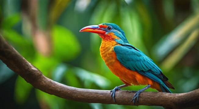 colored beautiful bird sitting on the tree in the jungle, colored wild bird, colored wild bird sitting on the branch of tree in jungle