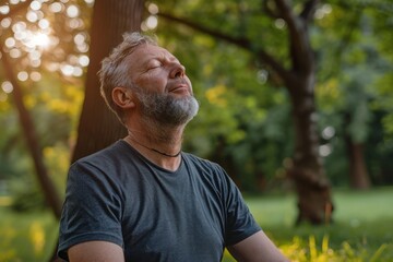 A middle-aged man in casual wear, practicing deep breathing exercises in a quiet, green park