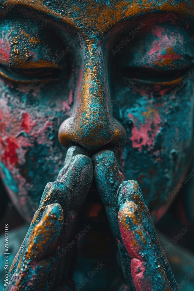 Poster Close-up shot of a person with paint on their face. Can be used for various creative projects or as a unique and eye-catching image