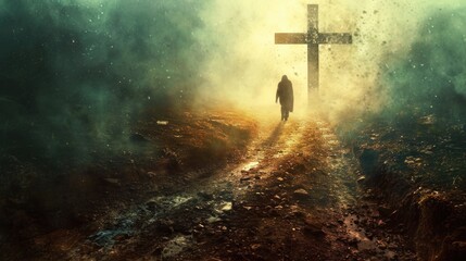 A man is seen walking down a dirt road towards a cross. This image can be used to depict spirituality, faith, or a journey towards self-discovery