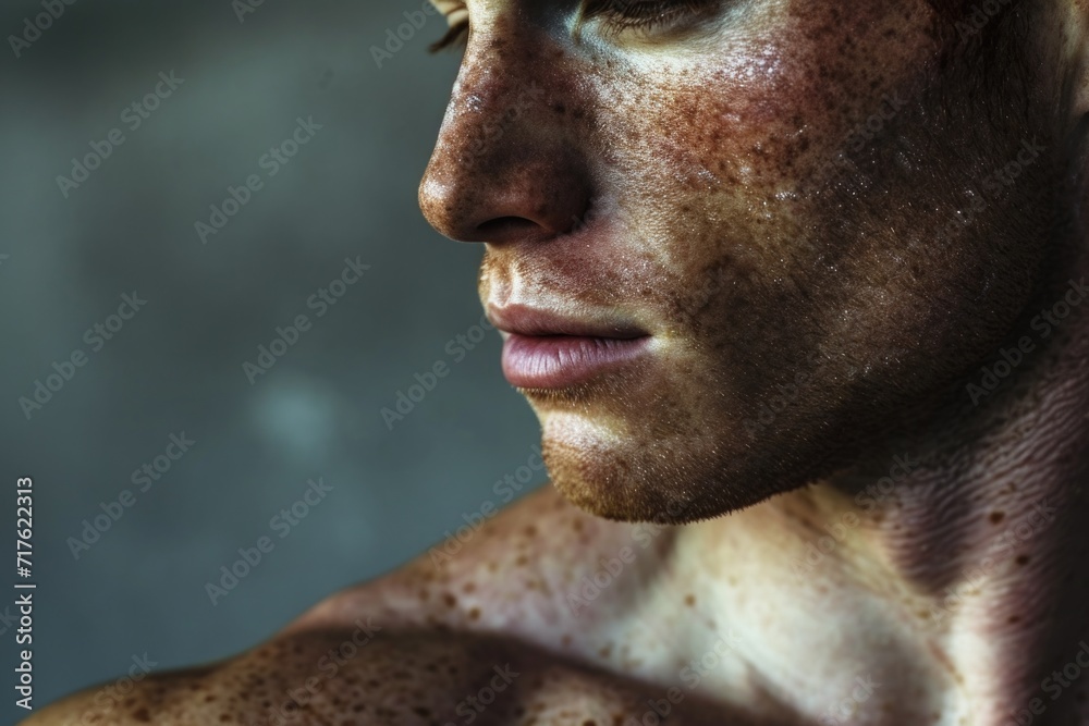 Canvas Prints A close-up photograph of a man with freckles on his face. Perfect for portraying natural beauty and individuality