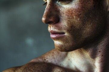 Obraz premium A close-up photograph of a man with freckles on his face. Perfect for portraying natural beauty and individuality