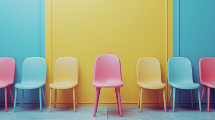 Raw of empty chairs with pastel colors standing out from crowd - obrazy, fototapety, plakaty