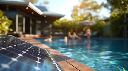 Modern solar powered swimming pool pump with visible solar panels and wooden deck , people in blurry backdrop