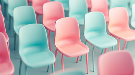 Raw of empty chairs with pastel colors standing out from crowd