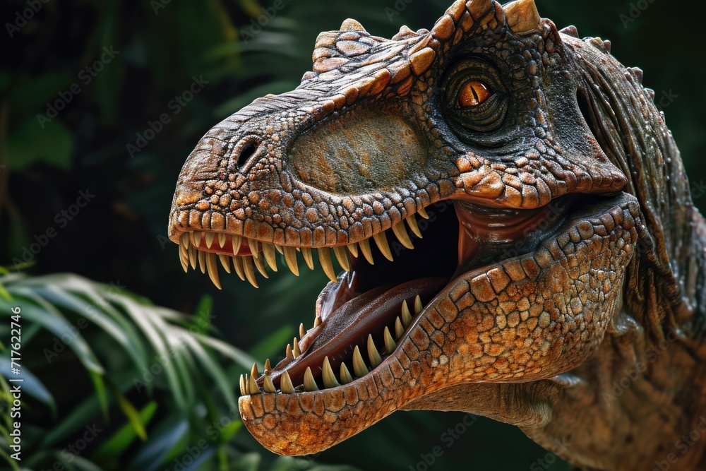 Aufkleber A close-up view of a dinosaur with its mouth wide open. This image can be used to depict the fierce and powerful nature of dinosaurs