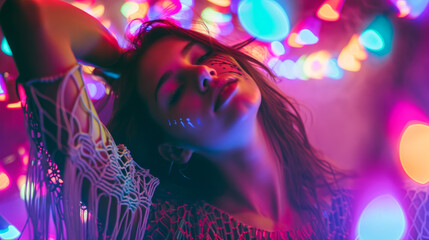 Beautiful uninhibited young woman wearing macrame clothes dancing in a nightclub with neon colors lights - obrazy, fototapety, plakaty