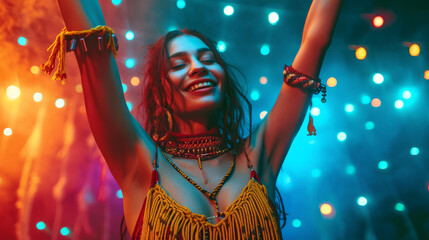 Beautiful uninhibited young woman wearing macrame clothes dancing in a nightclub with neon colors lights