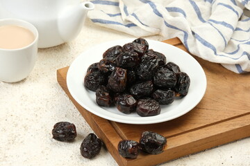 Kurma Ajwa or Ajwa Date Traditional Ramadan Iftar Meal. Ramadan Kareem Fasting Month Concept