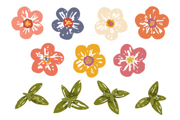 Vector flowers and leaves set. Colorful playful bold flowers with painted brush texture isolated on white background. Cute modern romantic floral elements for cards, textile, stationery design